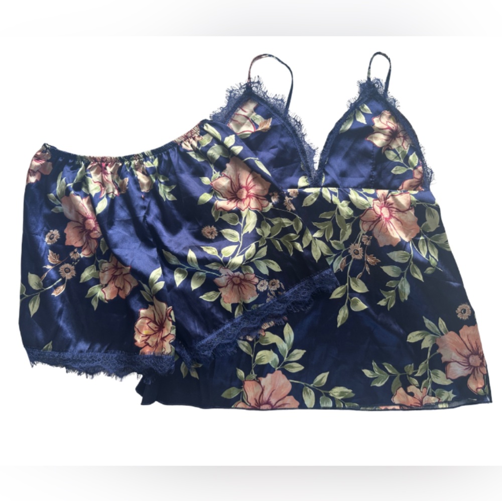 Women’s Navy Blue Floral Lace Trim Cami & Shorts Pajama Set